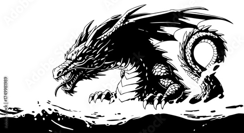 Fierce Black Dragon Emerging from Water, Detailed Ink Illustration, Aggressive Pose.