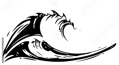 Stylized Black and White Wave Illustration with Cresting and Curving Form.