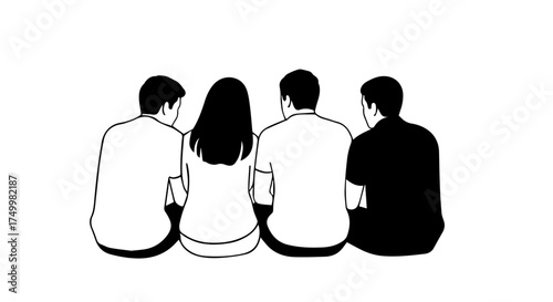 Four People Sitting Together, Backs Facing Forward, Simple Line Art Illustration.
