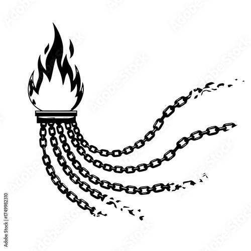 Stylized Black Torch with Flames and Dangling Chains, Grunge Style.