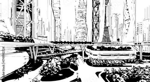 Futuristic Black and White Cityscape with Elevated Transportation and Greenery.