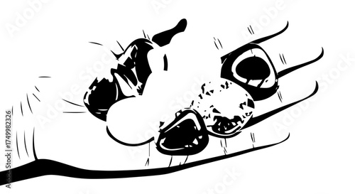 Stylized Hand Holding Smooth, Rounded, Black and White Gemstones.