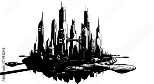 Futuristic Black and White Cityscape with Unique Architectural Designs and Structures.