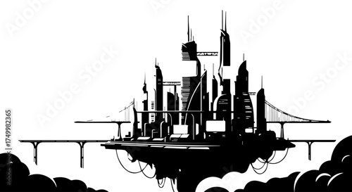 Futuristic City Silhouette Floating Above Clouds with Architectural Structures and Bridges.