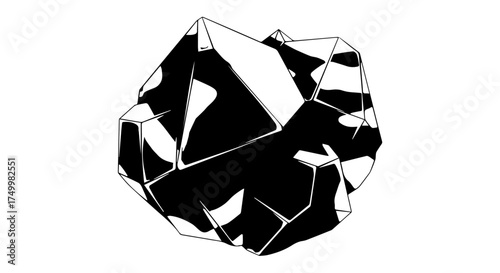 Geometric Black and White Rock Formation with Angular Facets and Sharp Edges.