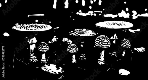 Group of Detailed Black and White Mushrooms with Spotted Caps and Stems.
