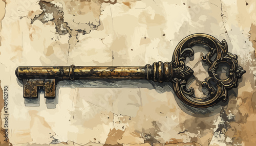 Antique ornate key on aged paper background