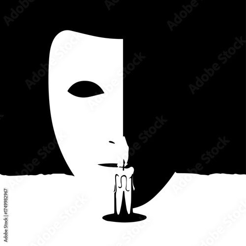Symbolic Black and White Mask with Lit Candle Dripping Wax, Dramatic Concept.