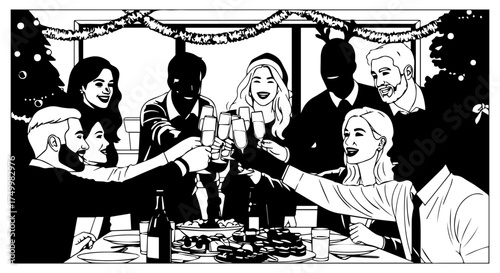 Group of People Toasting Champagne Glasses at a Festive Celebration Dinner.