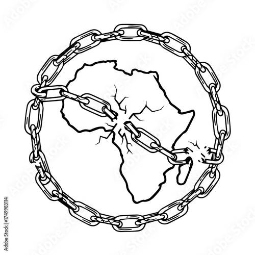 Symbolic Illustration of Africas Continent Encircled and Shackled by Chains.