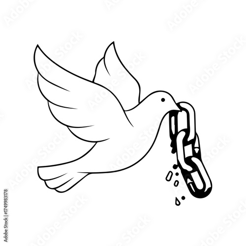 Symbolic White Dove in Flight Carrying Broken Chain, Freedom Concept.