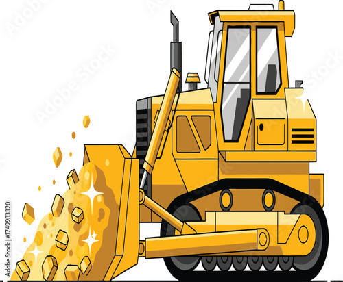 Vector, illustration of a bulldozer vehicle with gold material, industry, mining, poster, printing, background
