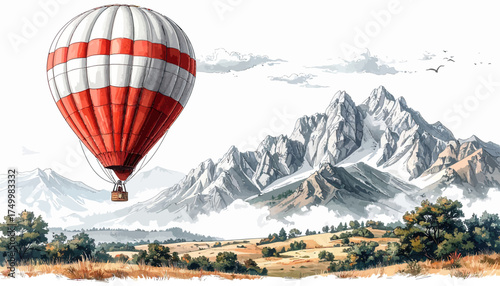 Hot air balloon over mountains landscape scenic view
