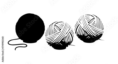 Three Balls of Yarn - Black Silhouette and Detailed White Thread Texture.