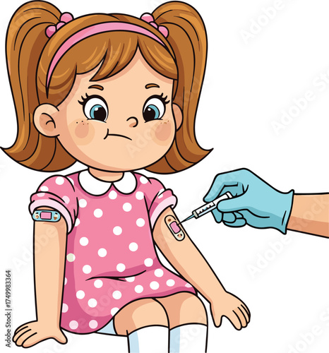 Cartoon girl receiving vaccine, child immunization concept, pediatric healthcare, injection moment, emotional reaction, medical safety, public health awareness illustration