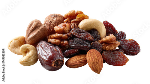 nuts and dried fruits isolated on transparent white background