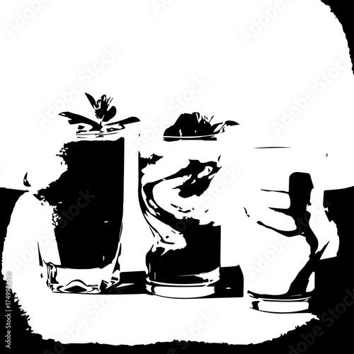 Three Dark Cocktails with Mint Garnish in Elegant Glassware, Monochrome Style.