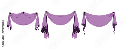 Set of Halloween banner in purple tone with ghostly drip and flowing fabric. Great for party decor, invitation, web or print design. Flat spooky vector illustration with fun seasonal mood.