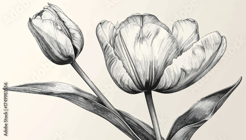 Two tulips with detailed petals and leaves