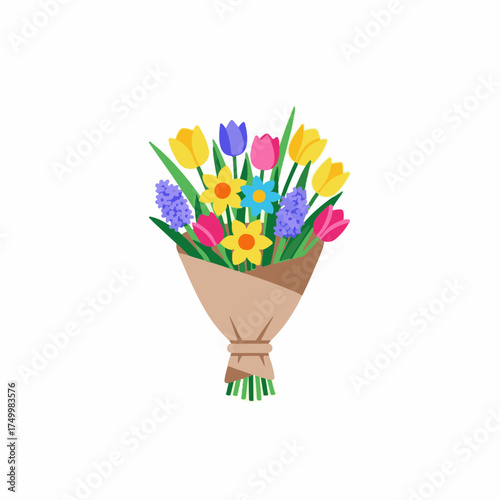 Colorful flower bouquet wrapped in paper, ready to deliver to someone special. Flower bouquet featuring tulips, daffodils, and hyacinths adds vibrant charm and freshness to any space.