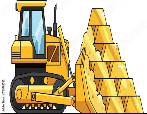 Vector, illustration of a bulldozer vehicle with gold material, industry,  poster, printing, background