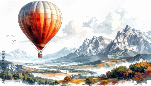 Hot air balloon over mountains landscape scenic view