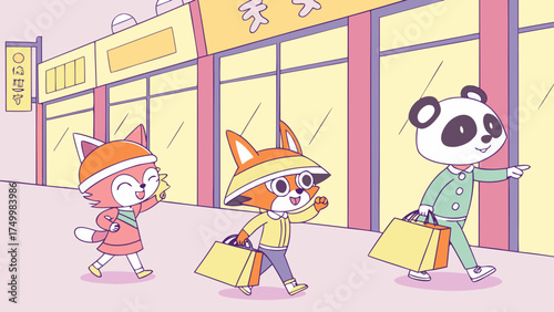 3D cartoon friends group wearing animal masks shopping in colorful mall with bright pastel city lights vector