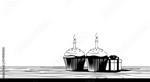 Minimalist black and white illustration of cupcakes with candles and a gift box for celebration.