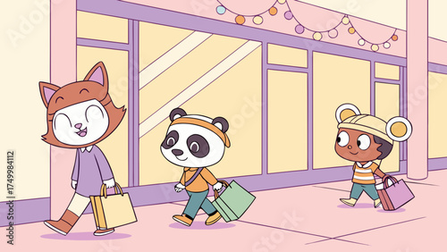 3D cartoon friends group wearing animal masks shopping in colorful mall with bright pastel city 