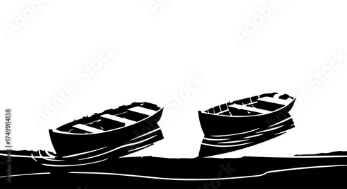 Two Black and White Wooden Rowboats Floating on Water, Side View.