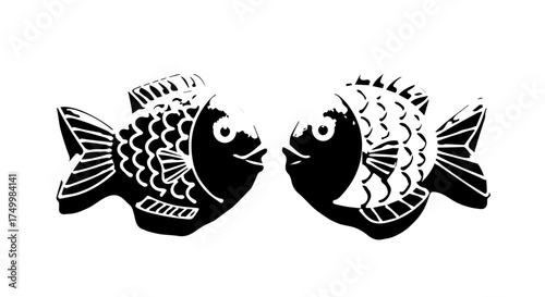 Two symmetrical koi fish facing each other in a bold monochrome silhouette pattern.