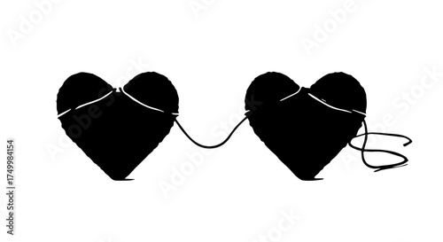 Two Black Heart Silhouettes Connected by a Thin, Dark String, Isolated.