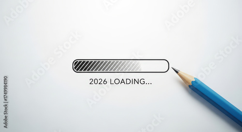 Year 2026 Loading Progress Bar Concept Blue Pencil White Background Anticipation Expectation Development Planning Preparation