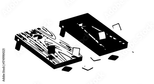 Two Cornhole Game Boards with Bean Bags in Black and White Silhouette.
