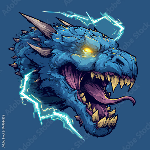 Powerful Blue Dragon Head Illustration with Glowing Eyes, Sharp Teeth, and Electric Lightning Bolts, Mythical Creature