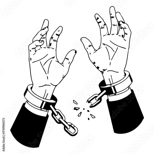 Two Hands in Handcuffs Breaking Free: Symbolic Illustration of Restraint, Liberation, and Defiance.