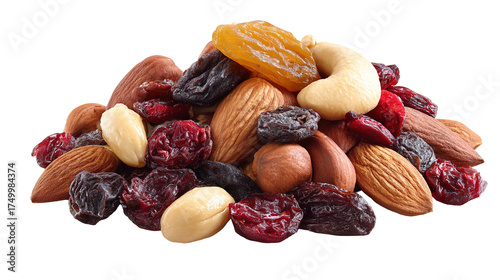 nuts and dried fruits isolated on transparent white background
