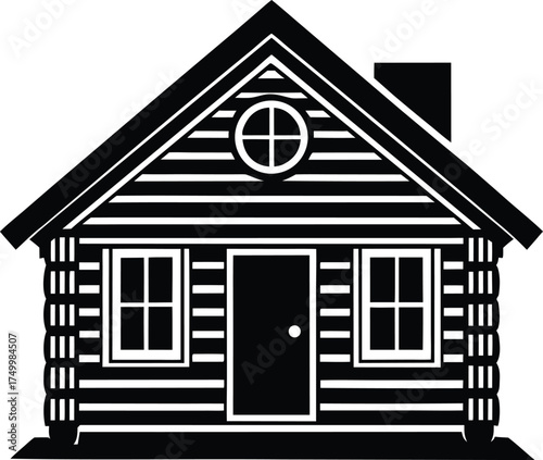 Rustic wooden log cabin house black silhouette with windows door chimney simple dwelling vector illustration
