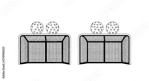 Two Soccer Goals with Nets and Two Soccer Balls on Top, Black and White.
