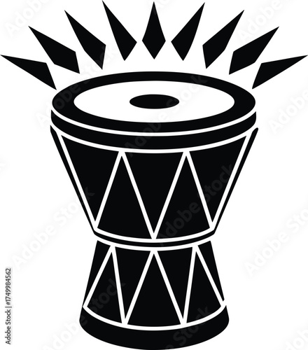 Black silhouette of a Djembe drum with abstract spikes radiating from top Vector icon isolated on transparent background design element