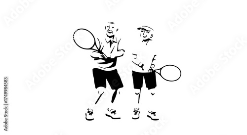 Two Tennis Players in Black and White, Holding Rackets, Smiling.
