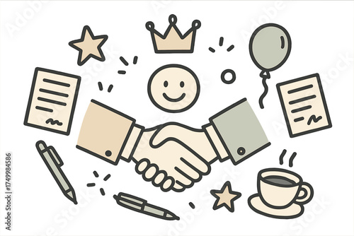 Friendly Negotiation Doodle. Negotiation illustration doodle style: hand drawn handshake with smile, crown, star, balloon,