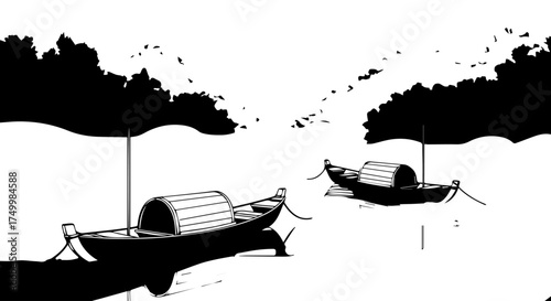 Two Traditional Chinese Junks with Covered Roofs Floating on Water, Silhouette Style.