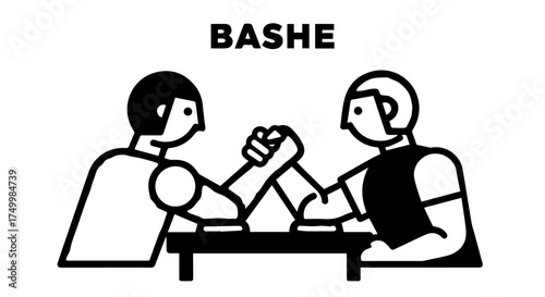 Black and White Arm Wrestling Illustration Depicting Two Competitors in Action.