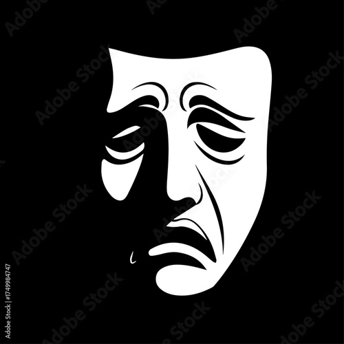Vector Illustration of a White Sadness Mask with Downward Curved Mouth and Eyes.