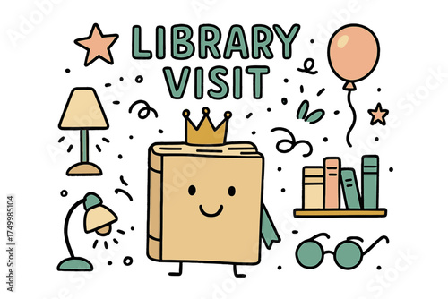 Whimsical Library Elements. Library visit illustration doodle style: hand drawn book with smile, crown, star, balloon, glasses,