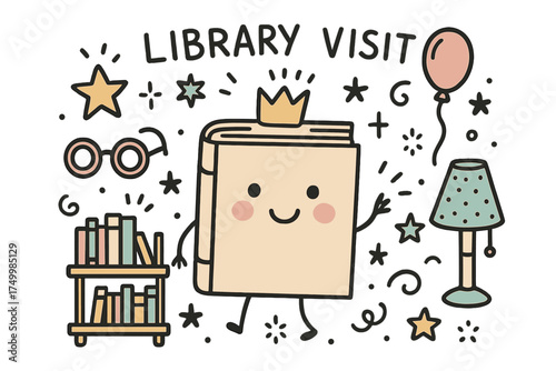 Whimsical Library Elements. Library visit illustration doodle style: hand drawn book with smile, crown, star, balloon, glasses,