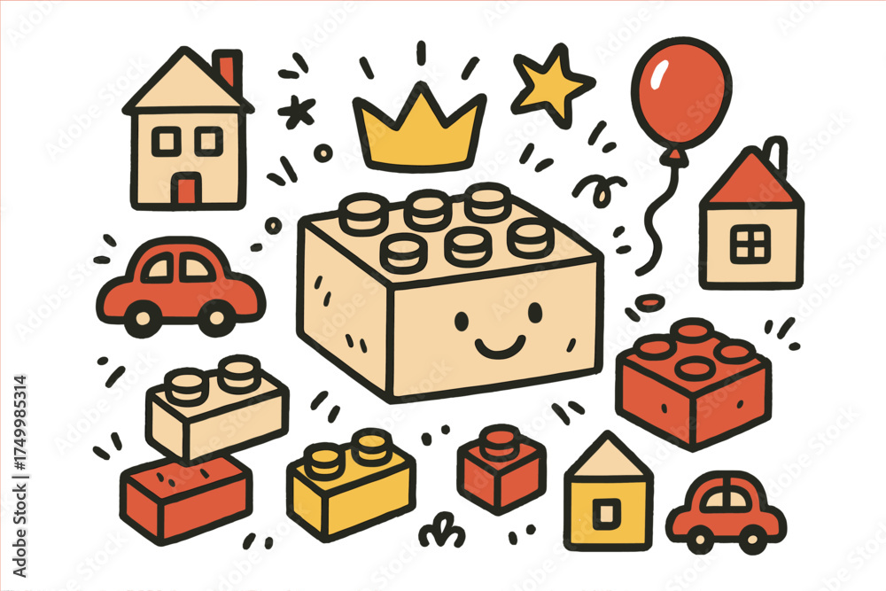 Fototapeta premium Brick Extravaganza. fun illustration doodle style: hand drawn brick with smile, crown, star, balloon, cars, blocks,