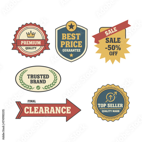A collection of vintage, premium‑quality badges and stickers—vector illustrations ideal for e‑commerce, product promotion, advertising, sales, discounts, clearance, and showcasing quality