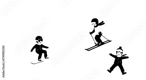 Black and White Cartoon Skiers and Snowboarder Enjoying Winter Sports.